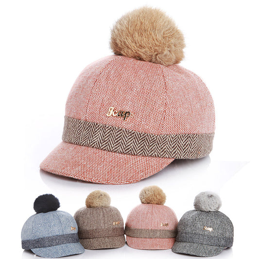 Children's Rabbit Hair Ball Baseball Style Equestrian Hat - Autumn And Winter