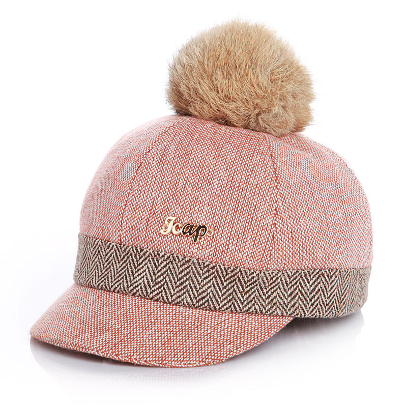 Children's Rabbit Hair Ball Baseball Style Equestrian Hat - Autumn And Winter