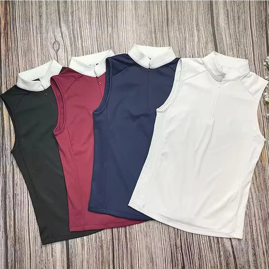 Sleeveless Equestrian T-Shirts Women Zipper Horse Riding Base Layer Summer Breathable Competitio Training Show Sports Tees Woman