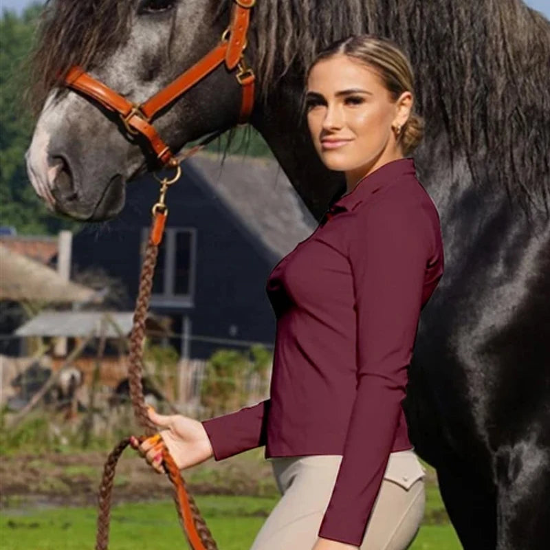 Burgundy Horse Riding T-Shirts Women Fashion Soft Equestrian Long Sleeve Tops Ladies Rider Show Base Layer T-shirt Wear Clothing