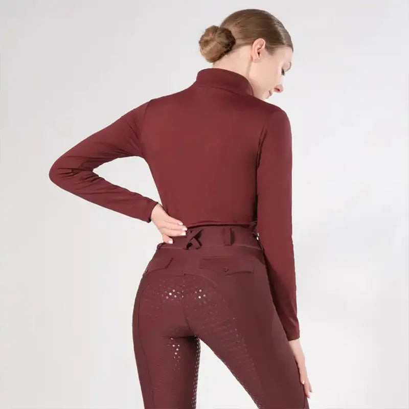 Burgundy Horse Riding T-Shirts Women Fashion Soft Equestrian Long Sleeve Tops Ladies Rider Show Base Layer T-shirt Wear Clothing