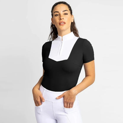 Spring New Back Mesh Women Equestrian Base Layer Shirts Short Sleeve Horse Riding Shirts Competition Equestrian Polo Shirts